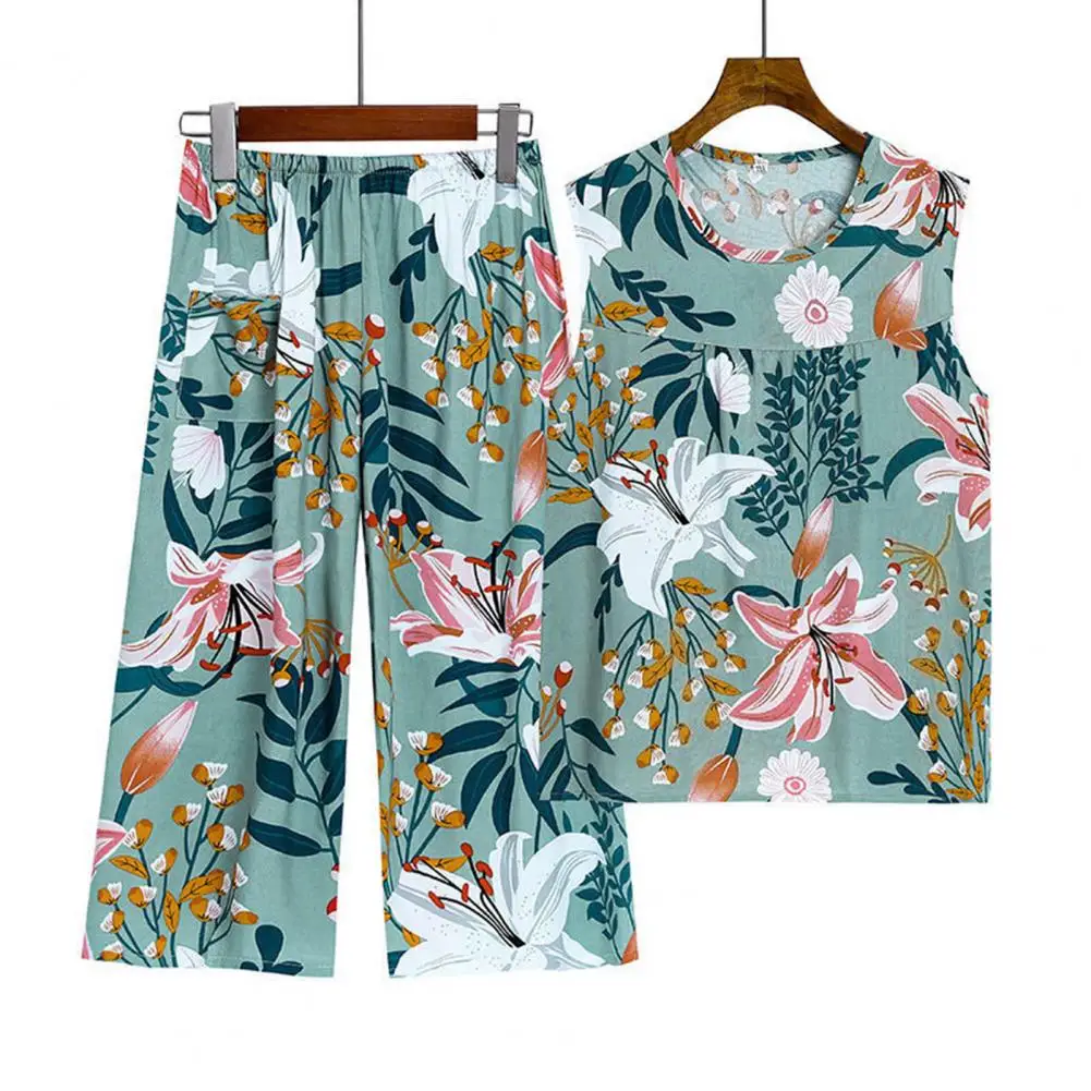 

Пижамный комплект женский с цветочным принтом, комплект пижам для мам среднего возраста, свободный плиссированный жилет, широкие брюки, Повседневная Домашняя одежда, пижамный комплект