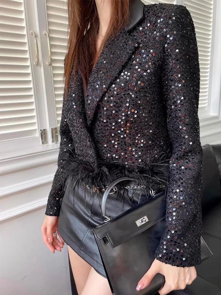 

Retro fashion sequined lapel long sleeve Joker short coat ostrich hair stitching hem coat 2023 autumn and winter new style.