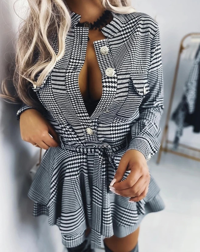 

Jumpsuit Women 2023 Spring Fashion Houndstooth Print Pocket Button Design Casual Stand Collar Long Sleeve Tied Detail Romper