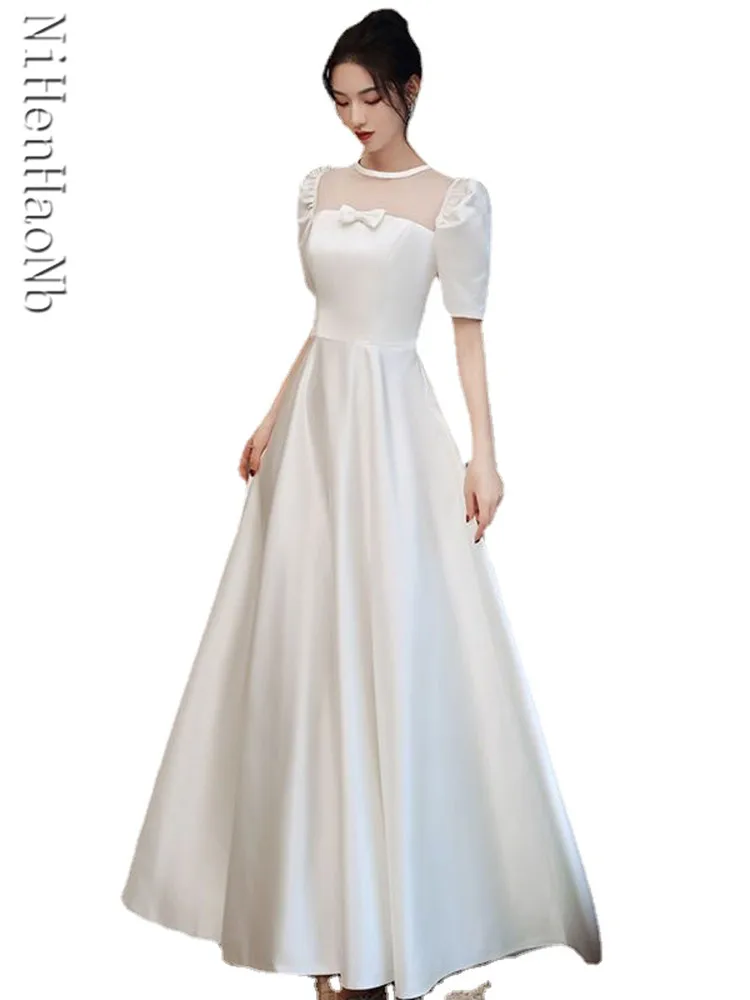 

Wedding Dresses for Women Scoop Neck Short Sleeve Bowknot Casual Summer Bridal Dress 2023 Elegant Formal Birthday Party Vestidos