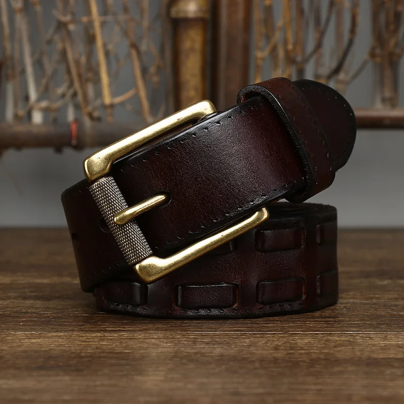 

3.8CM Vintage Luxury Handmade Genuine Leather Weave Copper Buckle Men's Belt Cowhide Retro All-match Casual Jeans Soft Belt