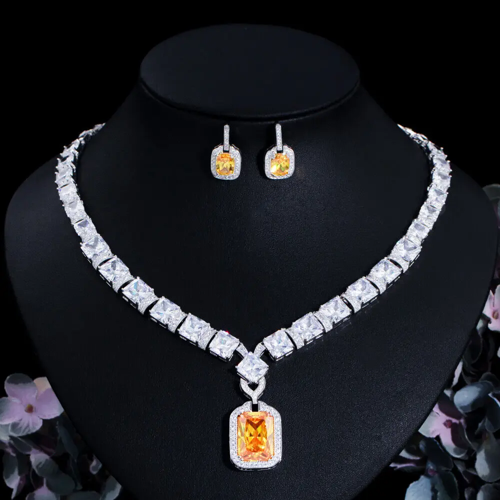 Bold Yellow Topaz CZ Square Stone Necklace Earring Jewelry Set for Women Costume
Bold Yellow Topaz CZ Square Stone Necklace Earring Jewelry Set for Women Costume