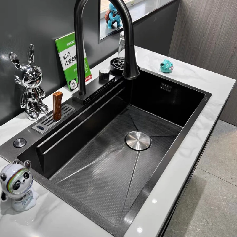 Kitchen 304 Stainless Steel Waterfall Faucet Sink Honeycomb Embossed Single Groove Black Dishwashing Basin Wash Vegetable 
Kitchen 304 Stainless Steel Waterfall Faucet Sink Honeycomb Embossed Single Groove Black Dishwashing Basin Wash Vegetable