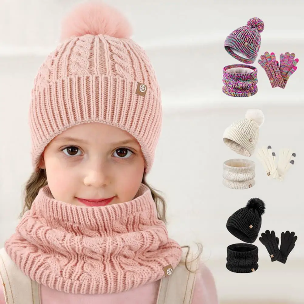 

5-12 Years Kids Hat Kids Winter Outdoor Windproof 3pcs Set Knitted Thickened Pompom Beanie Scarf Full Finger Gloves Kit for 5-12