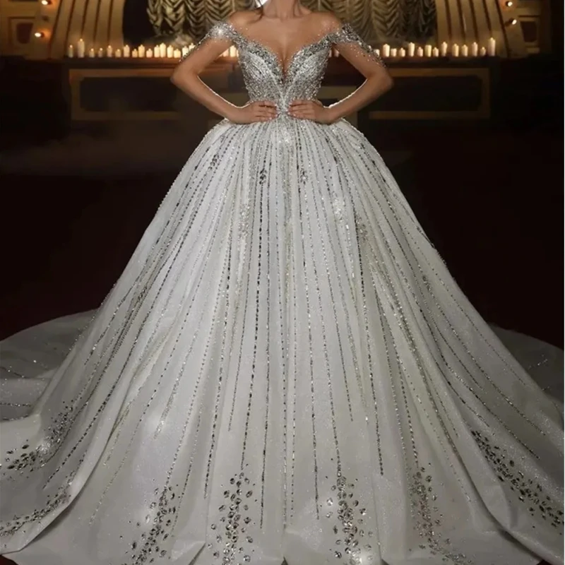 

Saudi Arabic Luxury Beading Wedding Dresses Illusion Sleeve 2024 O-Neck Crystal Ball Gown Bride Bridal Dress Vestido De Noiva