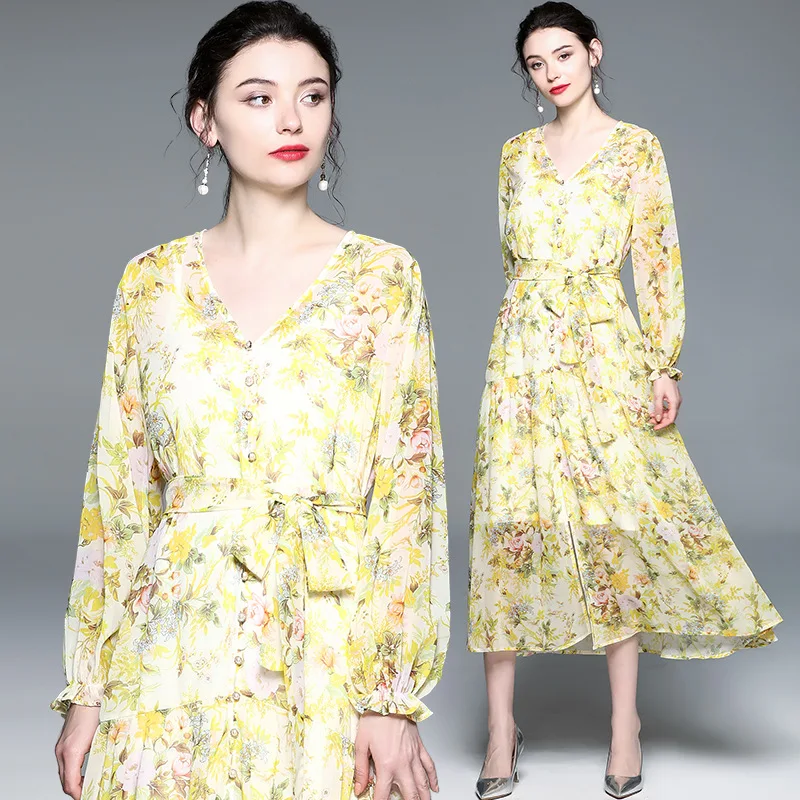 Летнее элегантное шифоновое платье для отпуска из двух частей с V-образным вырезом и длинным рукавом