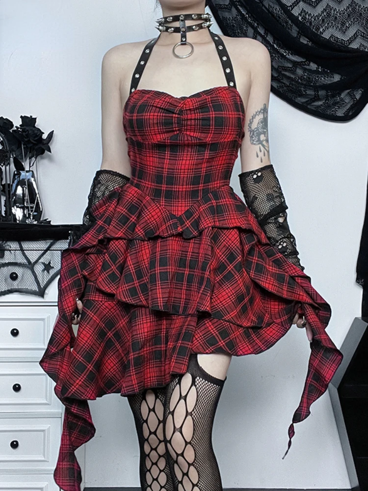 

Mall Goth Lolita Red Plaid Dress Women Streetwear Harajuku Punk Y2k E-girl Halter High Waist Irregular Dress Partywear