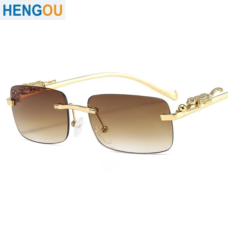 

Retro Fashion Rectangle Rimless Sunglasses Cheetah Women Sun Glasses Men Shades UV400 Eyewear Summer Outdoor Eyeglasses