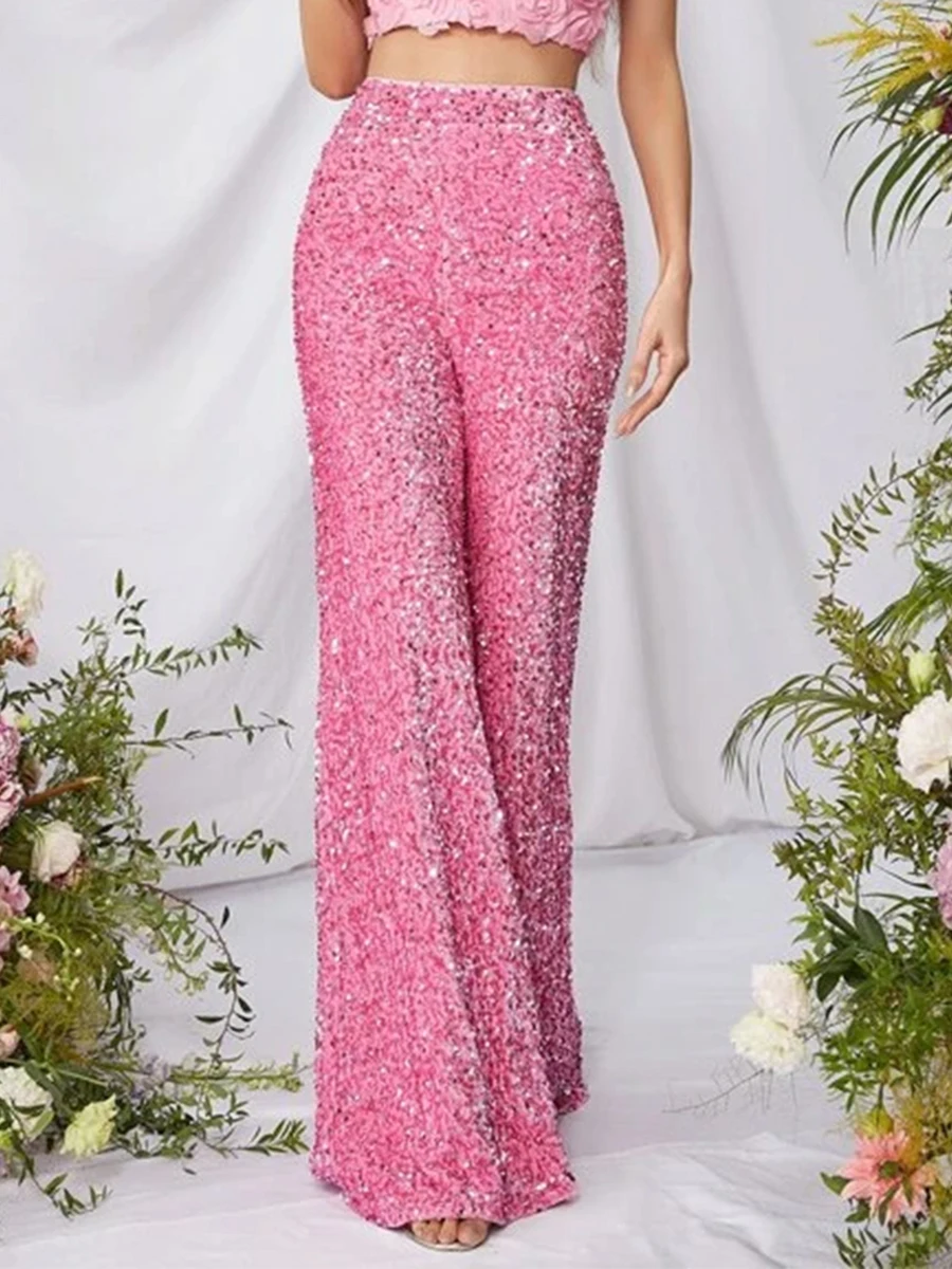 

Women Sequin Flare Pants Sparkly High Waist Wide Leg Bell-bottom Trousers Slim Party Club Shiny Pants Clubwear