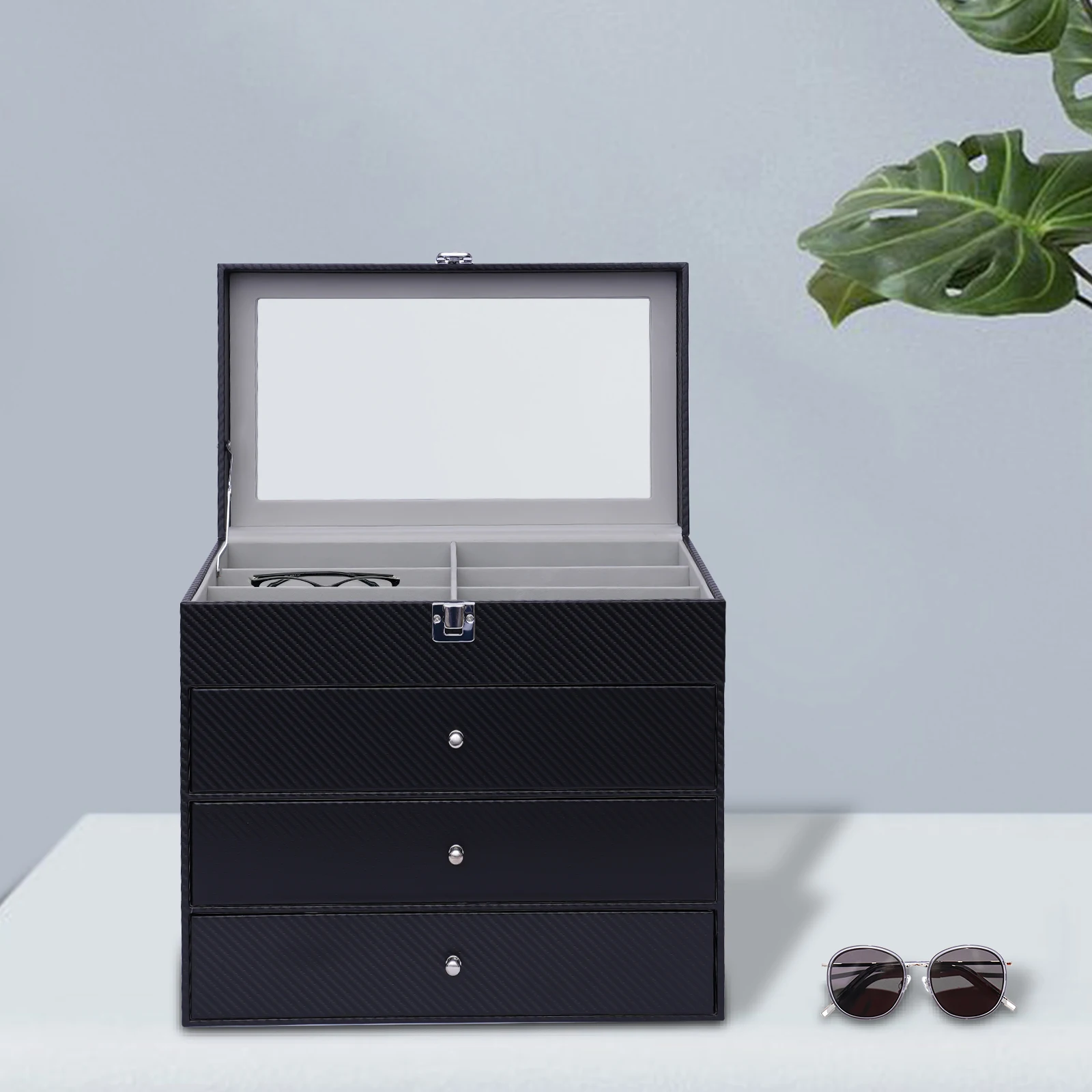 PU Leather Storage Box for Eyeglass Sunglasses, Eyewear Display Case, Removable Drawer and Lock, 4 Layers, 24 Slots
PU Leather Storage Box for Eyeglass Sunglasses, Eyewear Display Case, Removable Drawer and Lock, 4 Layers, 24 Slots
