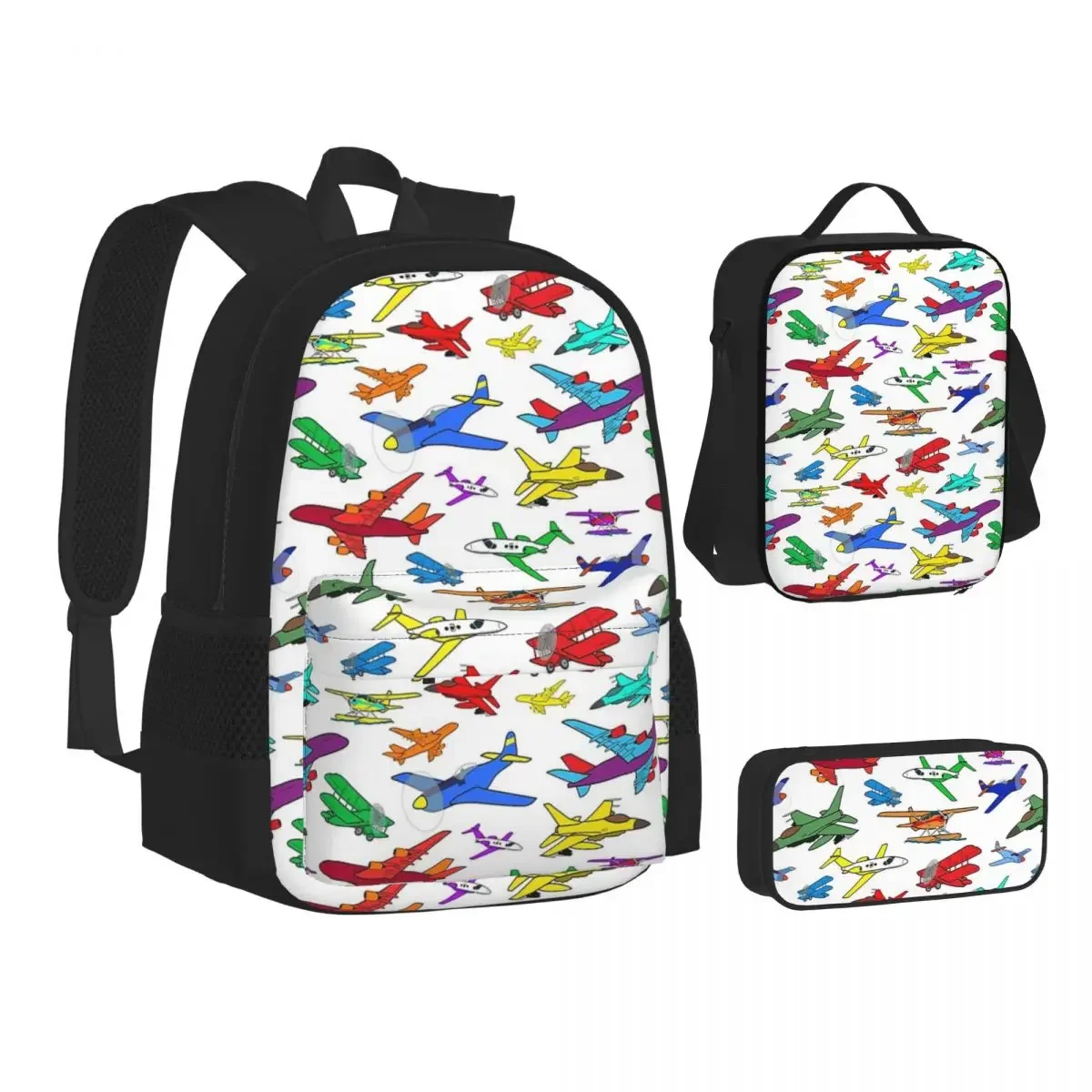 

Красочные самолеты, рюкзаки для мальчиков и девочек, сумка для книг, школьные сумки, мультяшный Детский рюкзак, сумка для ланча, сумка для ручек, набор из трех предметов