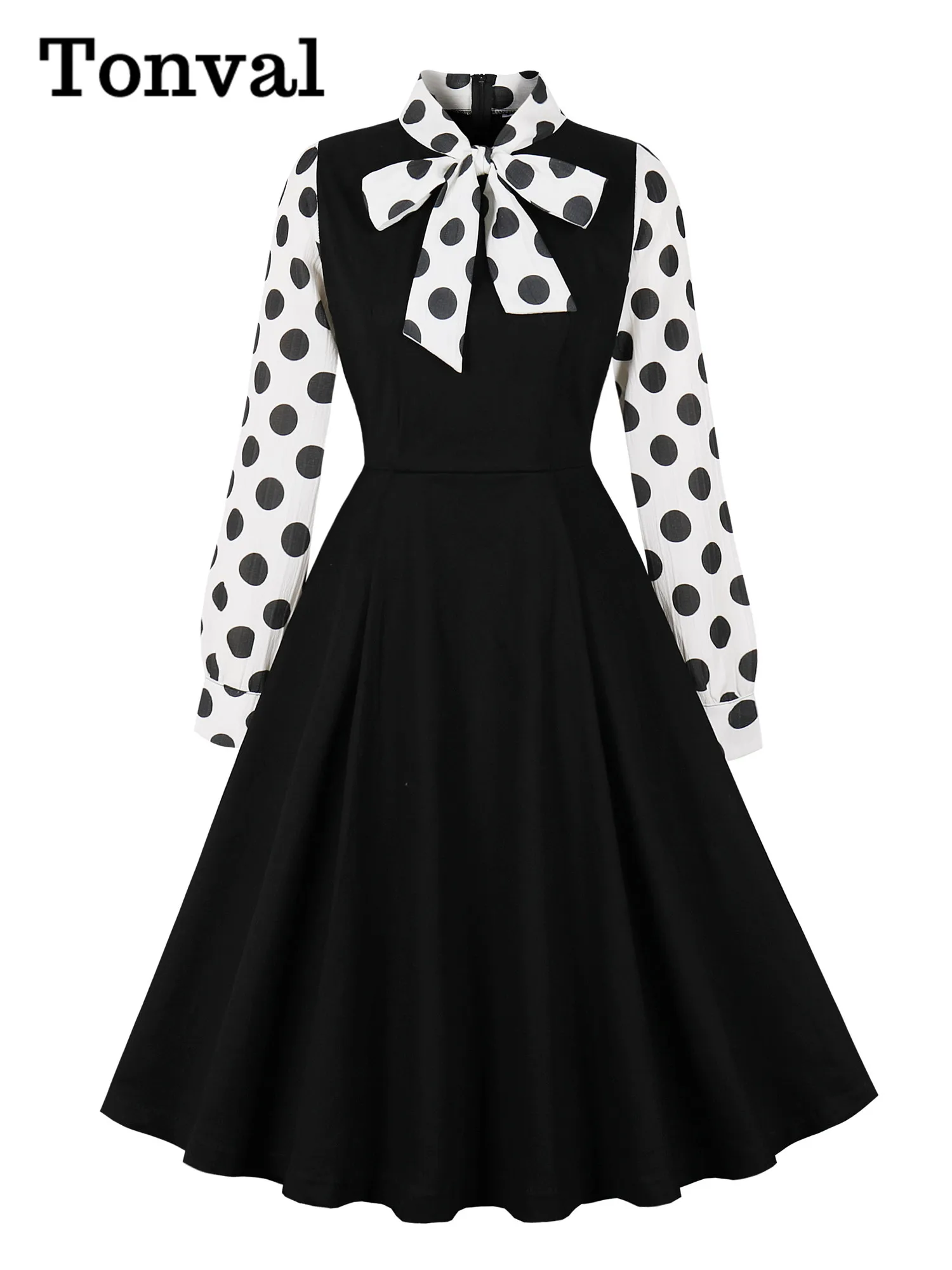 

Tonval Polka Dot Long Sleeve Vintage Dresses for Women Spring Bow Tie Neck 50s Elegant A-Line Black Cotton Dress