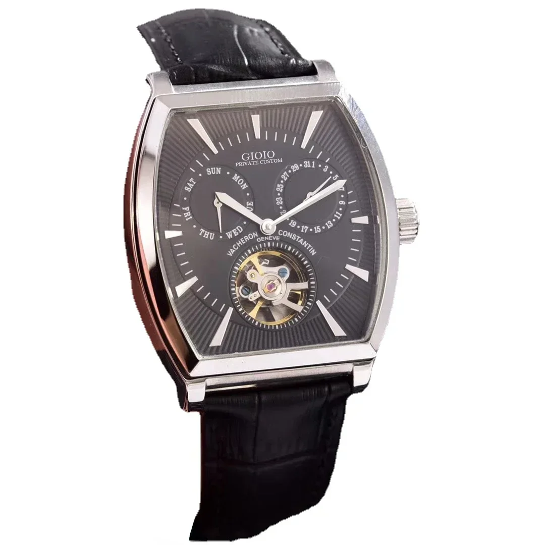 

Роскошные Новые Мужские автоматические механические часы с черным кожаным ремешком турбирные спортивные часы