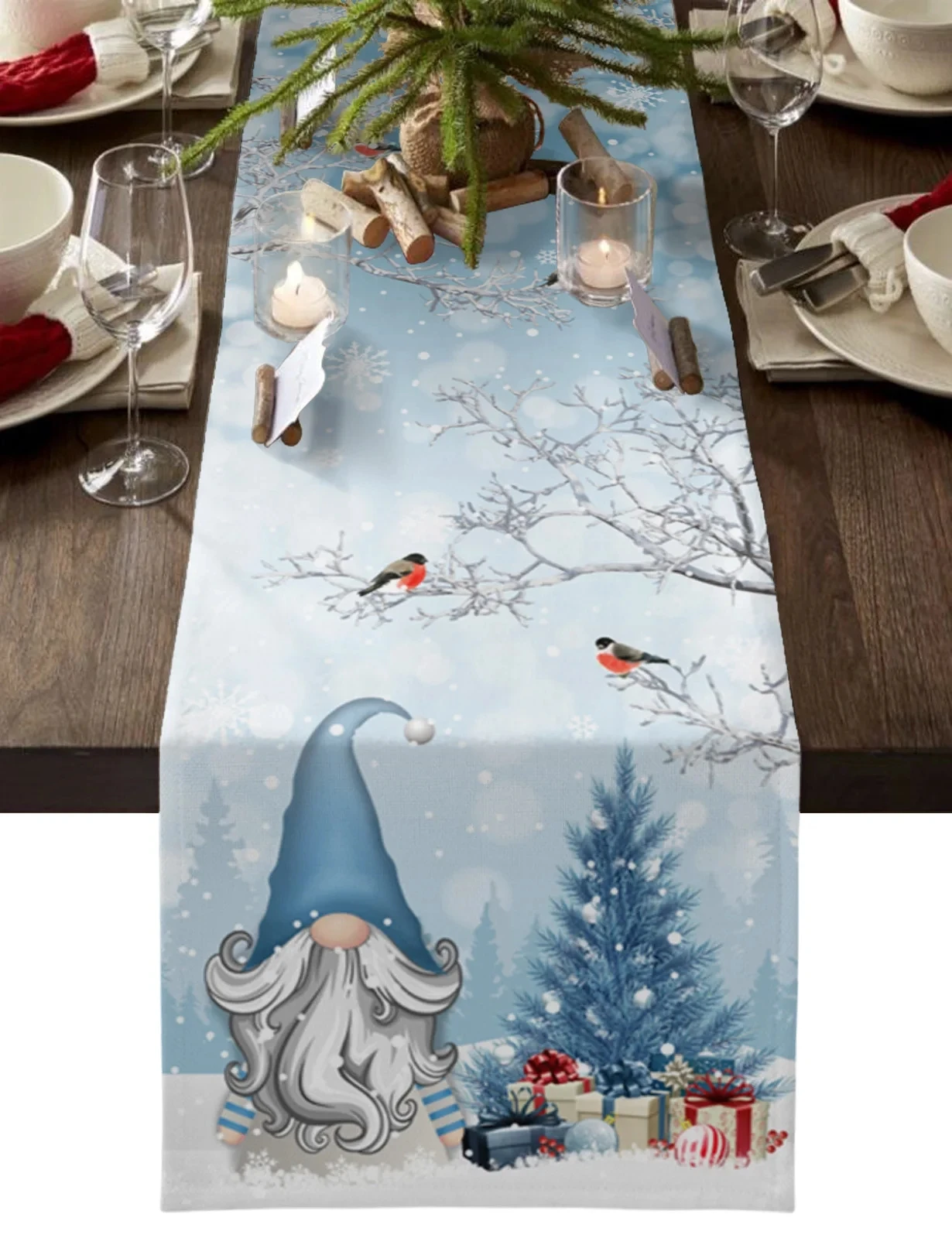 

Christmas Gnomes Pine Tree Blue Linen Table Runners Holiday Party Decor Winter Xmas Dining Table Runners Christmas Decorations