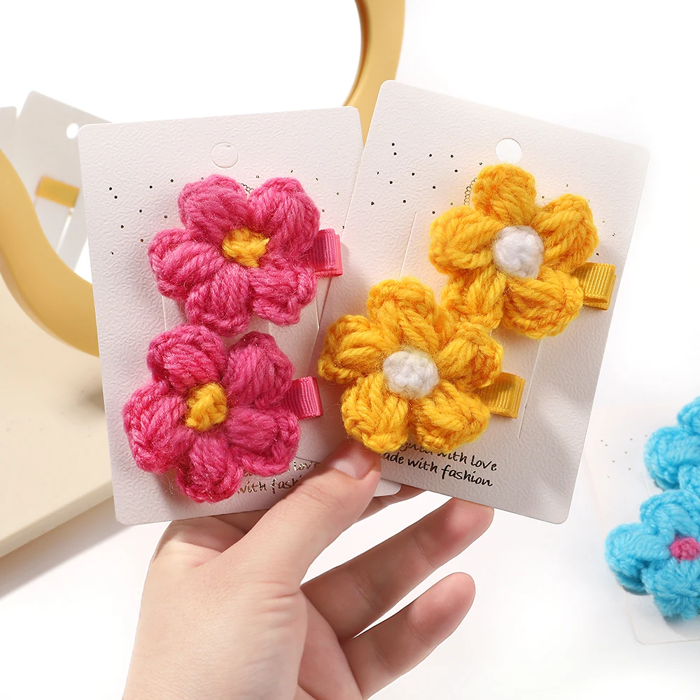 

2pcs/set Cute Baby Girls Wool Knitting Headwear Handmade Crochet Small Puff Flower Safe Hairs Clips Children Hairpins Wholesale