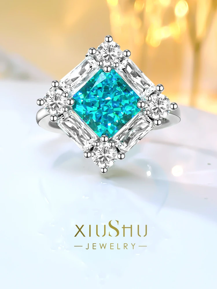 

Женское роскошное синее кольцо из серебра 925 пробы с квадратным топовым покрытием, инкрустированное высокоуглеродистыми бриллиантами, элегантный дизайн, универсальное и простое