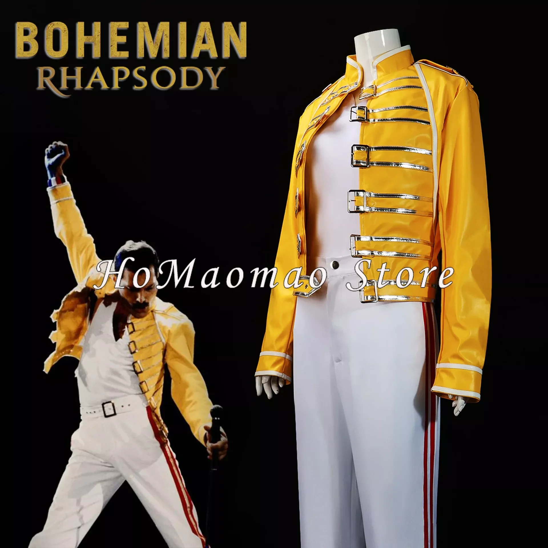 

Queen Lead Vocals Freddie Mercury Cosplay Costume DJ Singer Ballroom Dance Stage Yellow Jacket Coat Shirt Pants Outfit Full Set