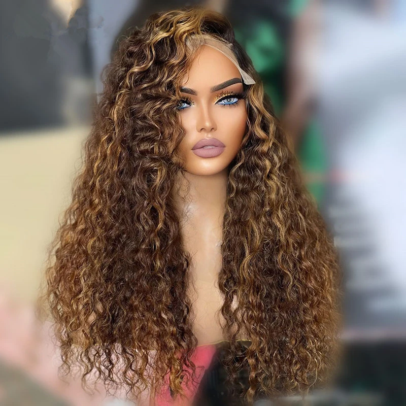 

Soft 26“Long 180%Density Glueless Ombre Honey Blonde Brown Kinky Curly Preplucked Lace Front Wig With BabyHair Daily Cosplay
