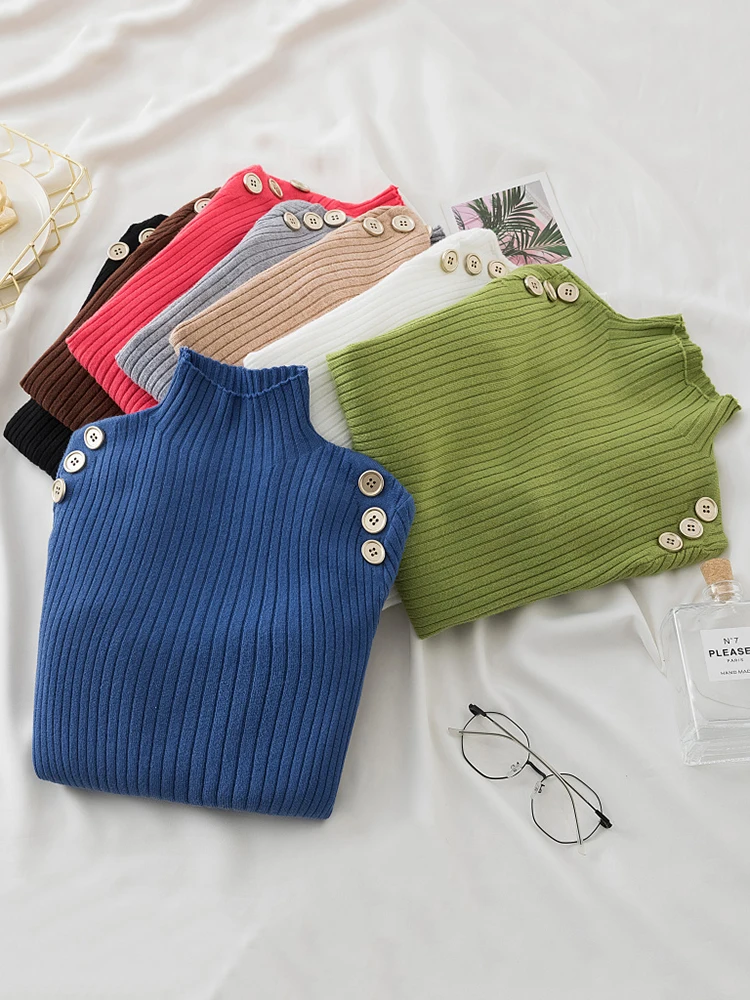 2022 Slim Fit Knitted Women Mock Neck Sweater Pullovers Button Autumn Winter Basic Women Sweaters Black
2022 Slim Fit Knitted Women Mock Neck Sweater Pullovers Button Autumn Winter Basic Women Sweaters Black