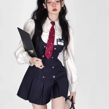 Uma Elegância Atemporal: Descubra o Conjunto Vestido de Cetim Elegante 9 2024 New Women's Autumn College Style Long Sleeve Shirt Top Higg Waist Shrinking Slim Dress 2-Piece Set Fashion Sweet Suit Girls