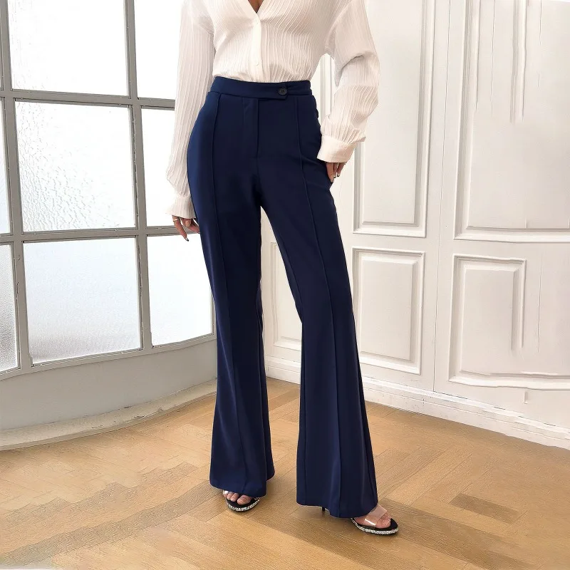 

Summer Women's Elegant Navy Slim Micro Flared Pants for Female Clothing Temperament Commuting Women Fashion High Waist Trousers