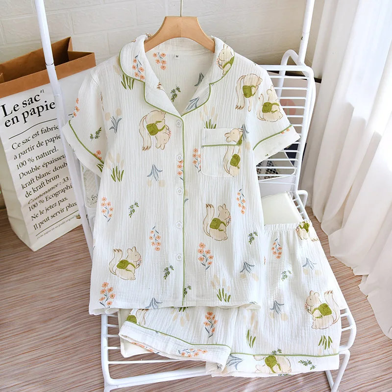 

New Crepe Cotton Pajamas Set For Women Summer Female Short Sleeve Loungewear Cartoon Homewear Casual Pijama Suit Cute Pyjama 2PC