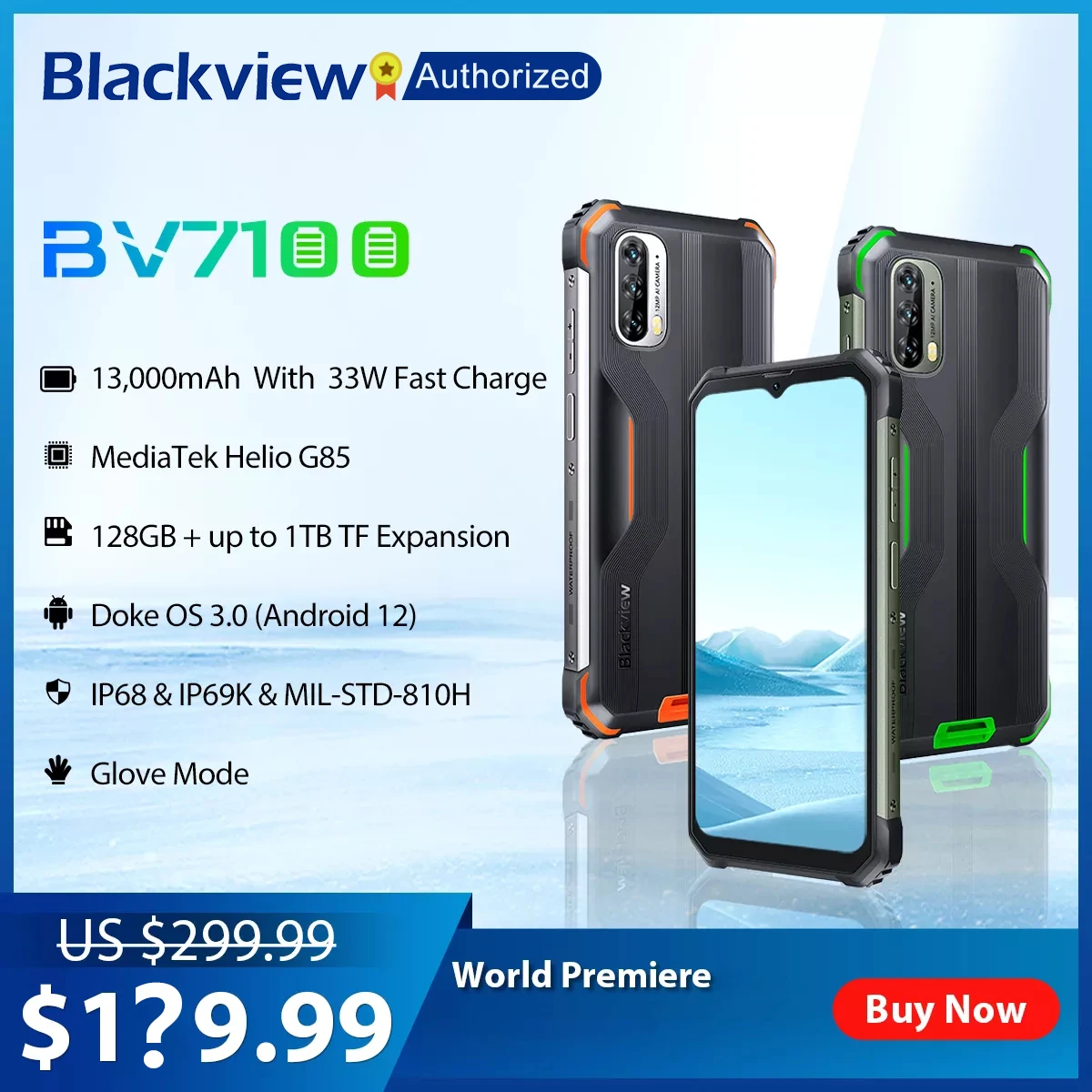 

Blackview BV7100 Rugged Phone 6GB 128GB Andriod 12 Helio G85 Octa Core Mobile 6.58'' Waterproof Cellphone 13000mAh NFC 12MP Cam