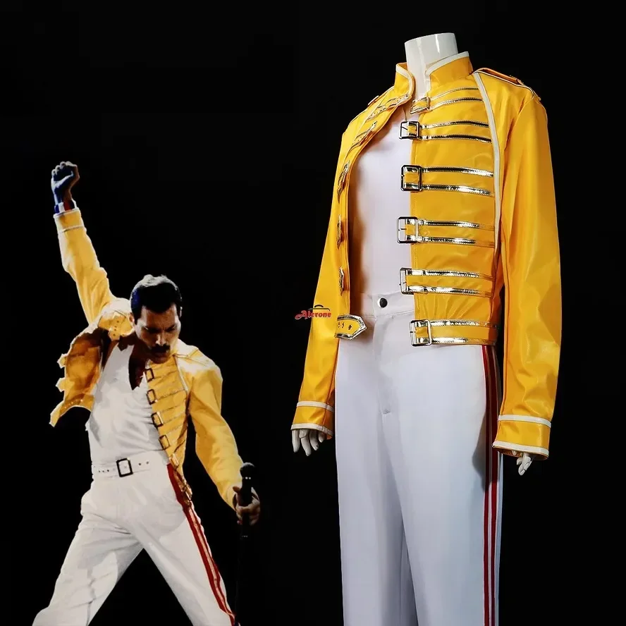 

Queen Lead Vocals Freddie Mercury Cosplay Costume Yellow Leather Jacket Coat Unisex Halloween Carnival Outfit