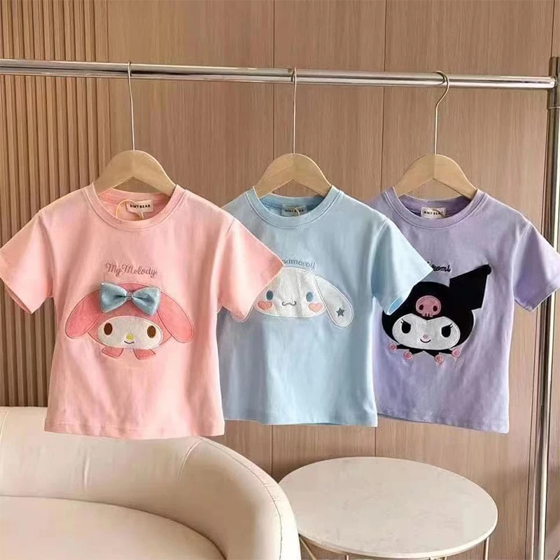 

Kuromi Girls T-Shirt Sanrio Kawaii Anime My Melody Cinnamoroll Cotton Tops Summer Sweet Cute Princess Babys Clothes Gift for Kid