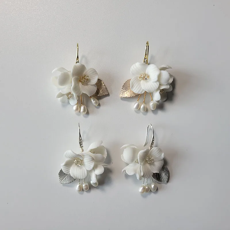 

SLBRIDAL Ins Style Sparkling Crystal Rhinestones Porcelain Flower Freshwater Pearls Bridal Wedding Earring Women Girls Earrings