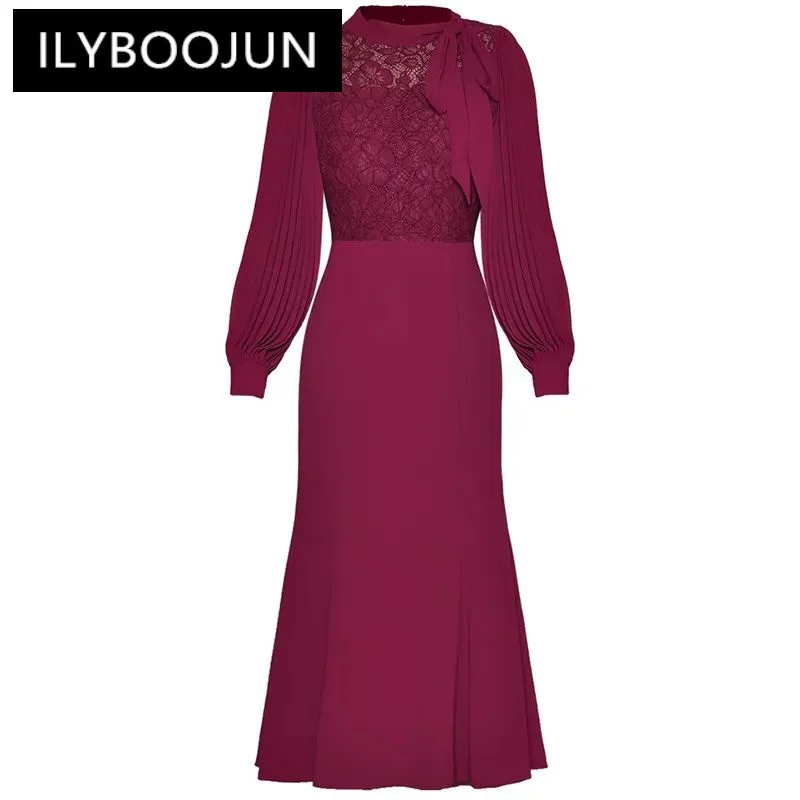 

ILYBOOJUN Fashion Women's 2024 Spring New Bow Lace-Up Lantern Long-Sleeved Lace Patchwork High-Waisted Hip Wrap Fishtail Dress