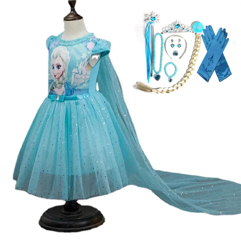 

Baby Girls Frozen Elsa Anna Dress Summer Toddler Kids Cartoon Print Princess Birthday Party Cosplay Dresses With Cape Clothes