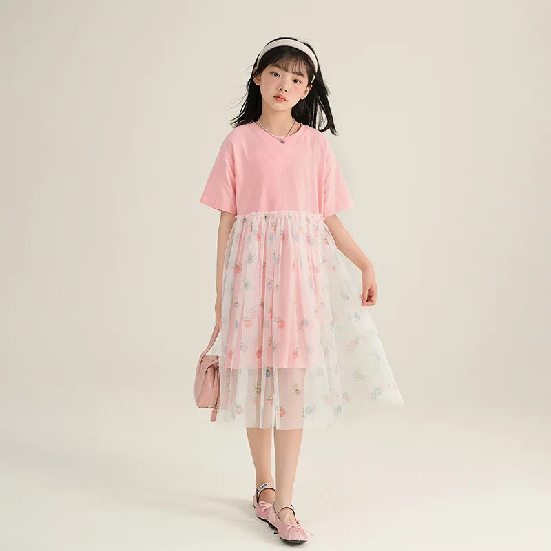

Корейский стиль 2024, летнее школьное платье для девочек, детское милое Сетчатое платье с цветочным узором в стиле пэчворк, цельное розовое платье для маленьких девочек, детское платье