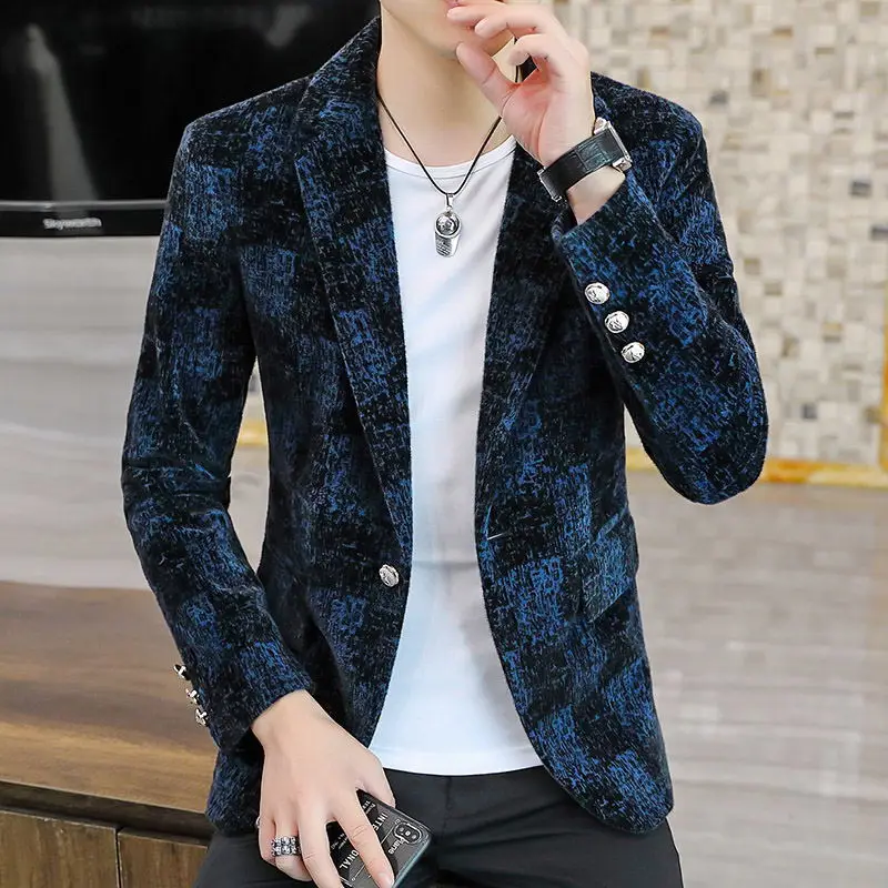 

Эксклюзивный мужской модный элегантный джентльменский бархатный блейзер контрастных цветов Корейская версия деловой Повседневный приталенный деловой блейзер в британском стиле