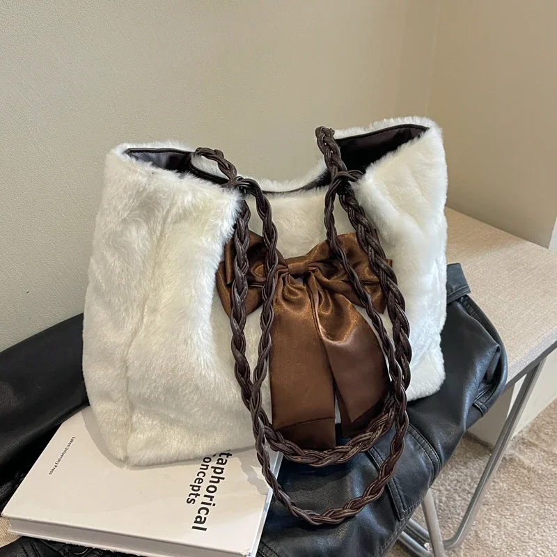 

Large Capacity Tote Women Bag Elegant Big Bow Underarm Shoulder Bag Winter Warm Female Plush Handbag Shopper Bag Fashion