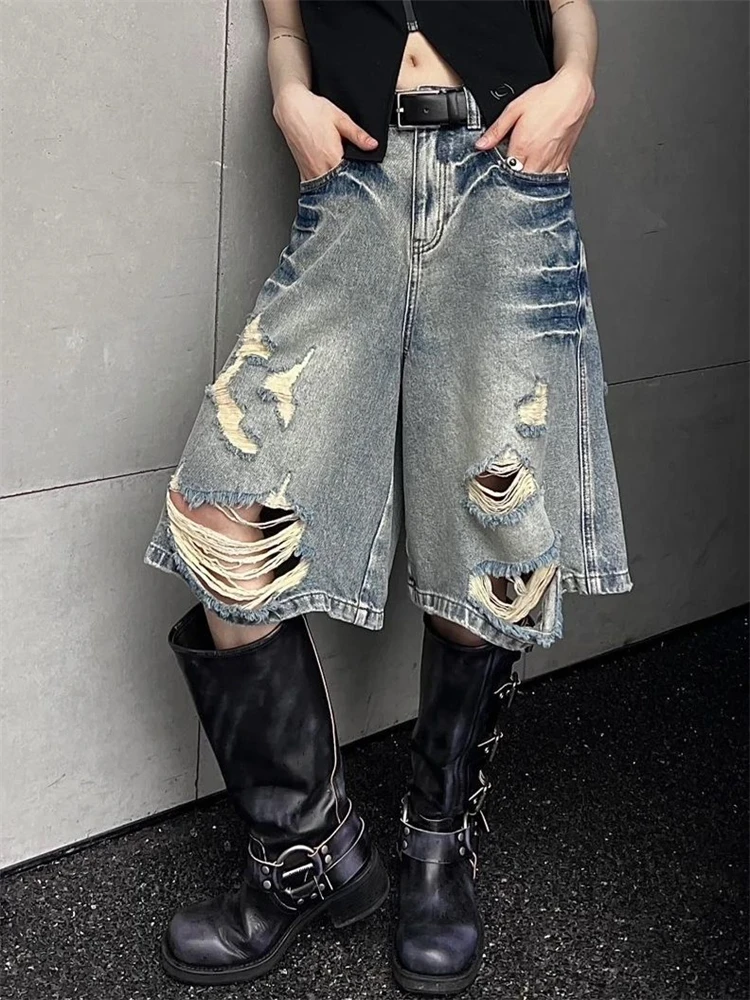 

Женские потертые укороченные джинсы с широкими штанинами, летние новые уличные стильные тонкие джинсовые шорты, повседневные женские брюки до колена