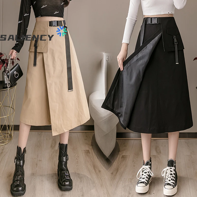 

Saliency Black Skirt Autumn and Winter Women New Fashion High Waist Slit Irregular Over-the-knee Mid-length Skirt Khaki Skirt