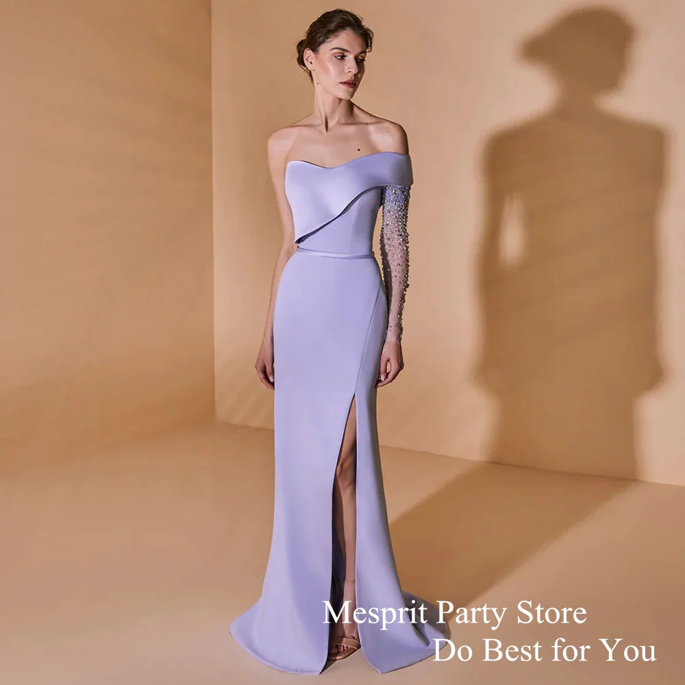 

Lilac Prom Dress One Shoulder Long Sleeve Beading Stone Slit Sweep Train Robe De Soiree Mermaid Evening Dresses Dubai Party Gown