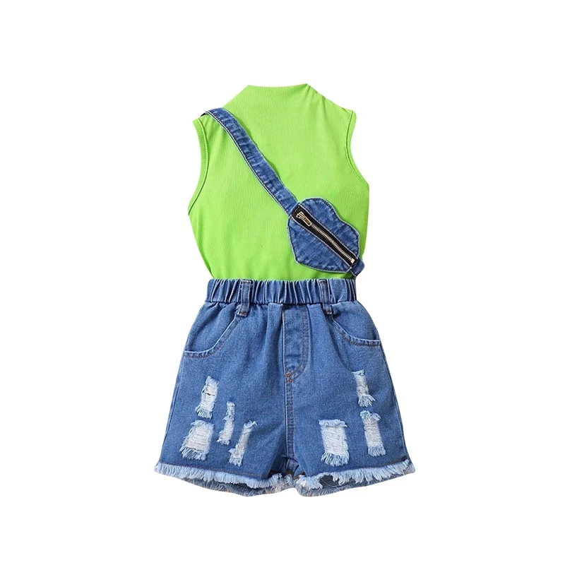 

4-7T Kids Girls Summer Outfits Solid Color Mock Neck Ribbed Knit Tank Tops Ripped Denim Shorts Heart Bag 3Pcs Clothes Set