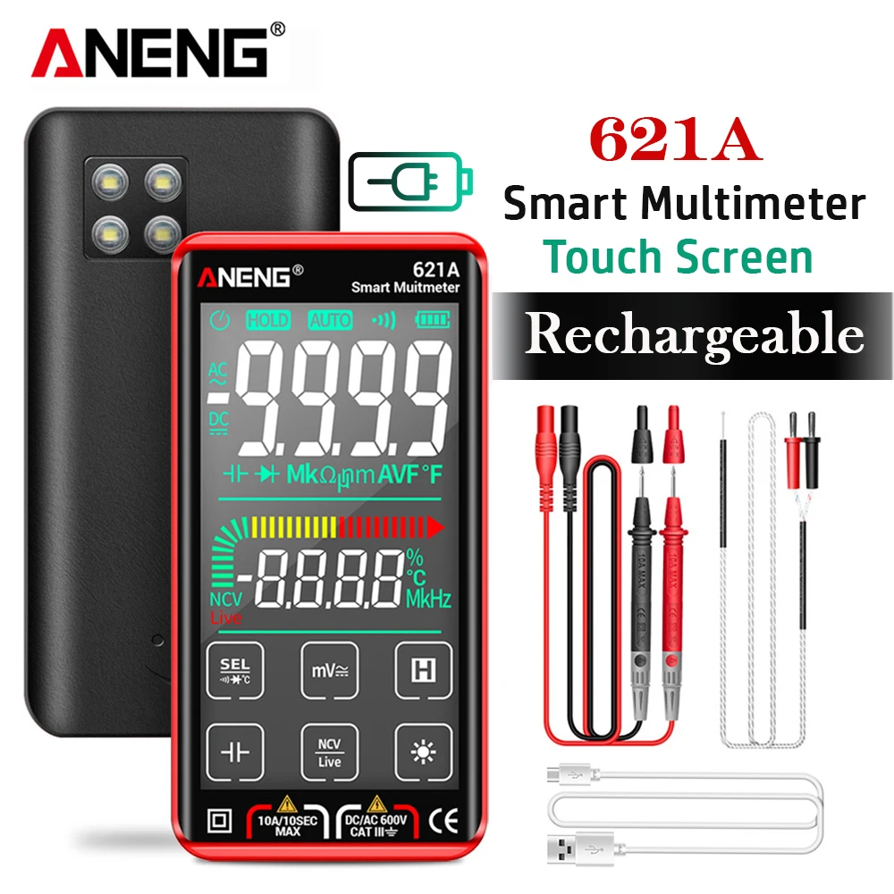 ANENG 621A Smart Digital Multimeter Touch Screen Multimetro Tester transistor 9999 Counts True RMS Auto Range DC/AC 10A Meter |