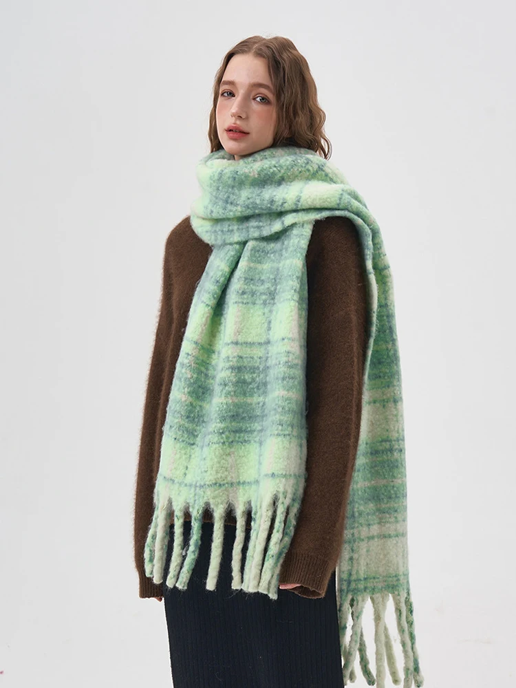 

2023 Winter Scarf Women Cashmere Warm Pashmina Green Plaid Female Scarves Wraps Thick Soft Bufanda Tassels Shawl Long Stole