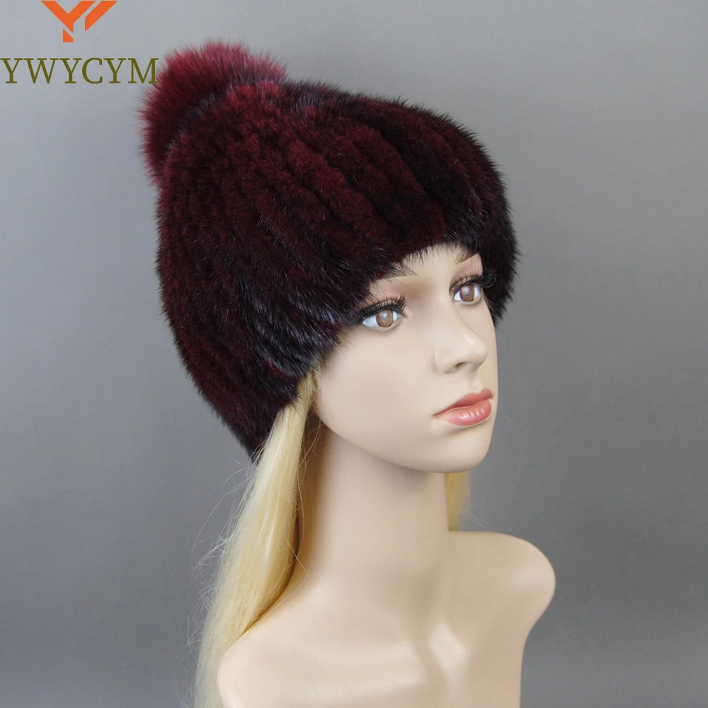 

New Luxury Lady Real Mink Fur Hat Fox Fur Pom Poms Thick Warm Real Mink Fur Cap Women Winter Knitted Real Mink Fur Beanies Hats