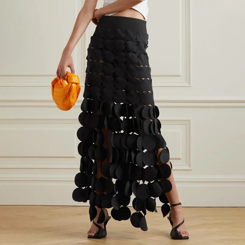 

Women Maxi Skirt 2024 New Design Fashion High Waist Patchwork Splicing Round Tassel Bustier Elegant Dress Ladies Long Skirts