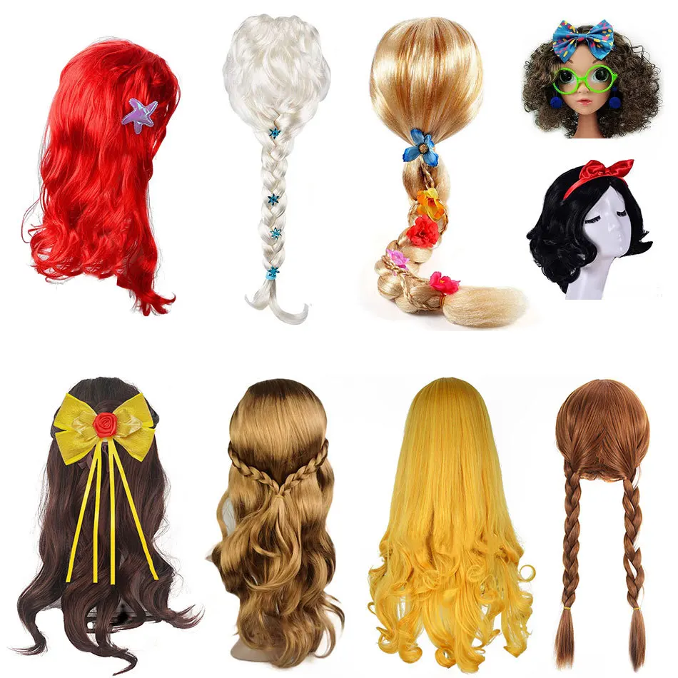 

Frozen Princess Girls Anna Elsa Cosplay Wig Kids Little Mermaid Ariel Red Wig Jasmine Rapunzel Belle Hair Accessories