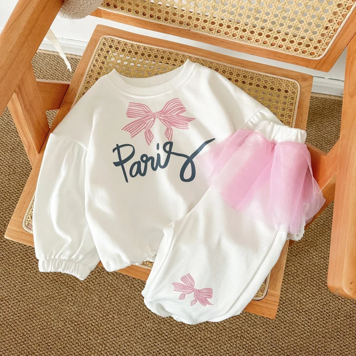 

2024 Born Baby Girls Clothes Pink Bow Print Clothes Set Lace Printed Top+Pant 2pcs Autumn & Spring Toddler Girl Outfit 1-4Y