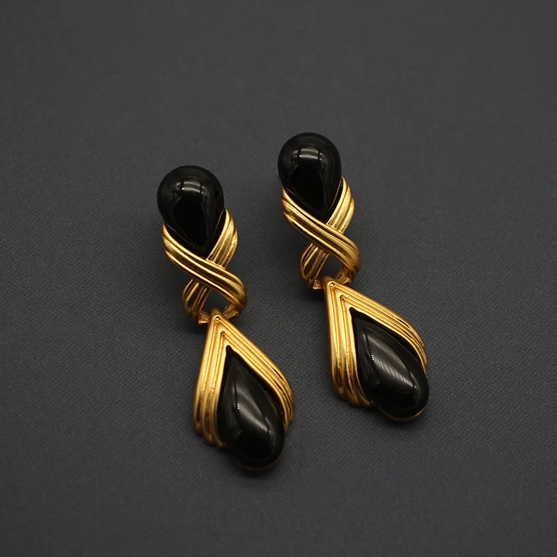 

Black Onyx Drop Earrings for Women 18K Yellow Gold Plated Filigree Black Onyx Dangle Leverback Earrings Jewelry Gifts for Girls