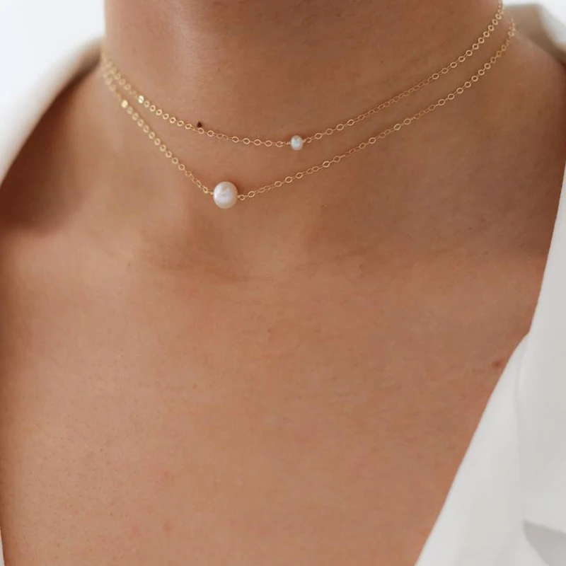 

14K Gold Filled Choker Double Layer Freshwater Pearls Pendant Necklace Boho Collier Femme Kolye Collares Women Jewelry Necklace