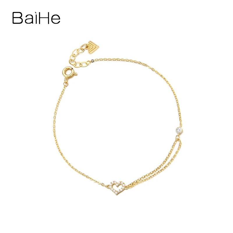 

Браслет BAIHE женский из желтого золота с натуральными бриллиантами, однотонный Повседневный изящный браслет на руку с сердечками, 14 к, 0,14 карат H/SI