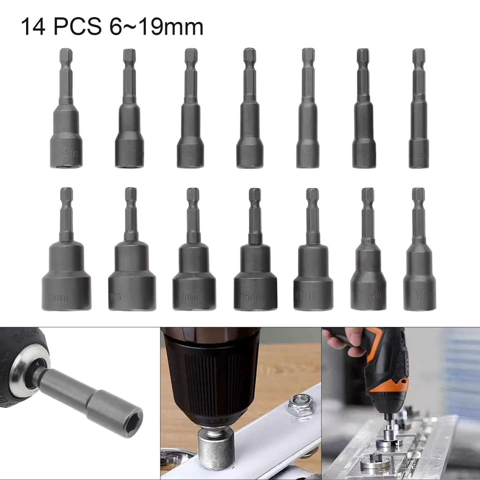 

14pcs Magnetic Hexagon Sockets 6-19mm 1/4Inch Hex Shank Nut Setter Driver Drill Bits Set Remover Tool for Electric Screwdriver