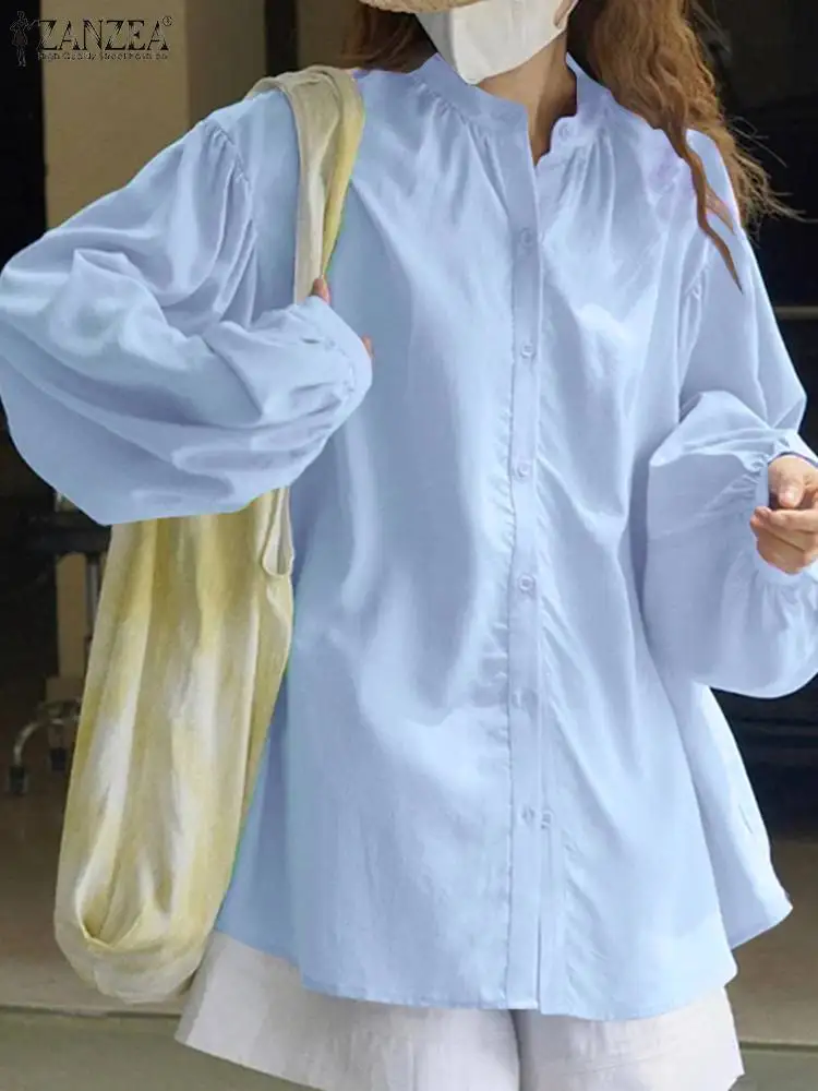 

Женская свободная плиссированная дизайнерская блузка ZANZEA, осень 2023, Корейская рубашка, топ с длинными рукавами-фонариками и спущенными плечами, туника с воротником-стойкой и пуговицами